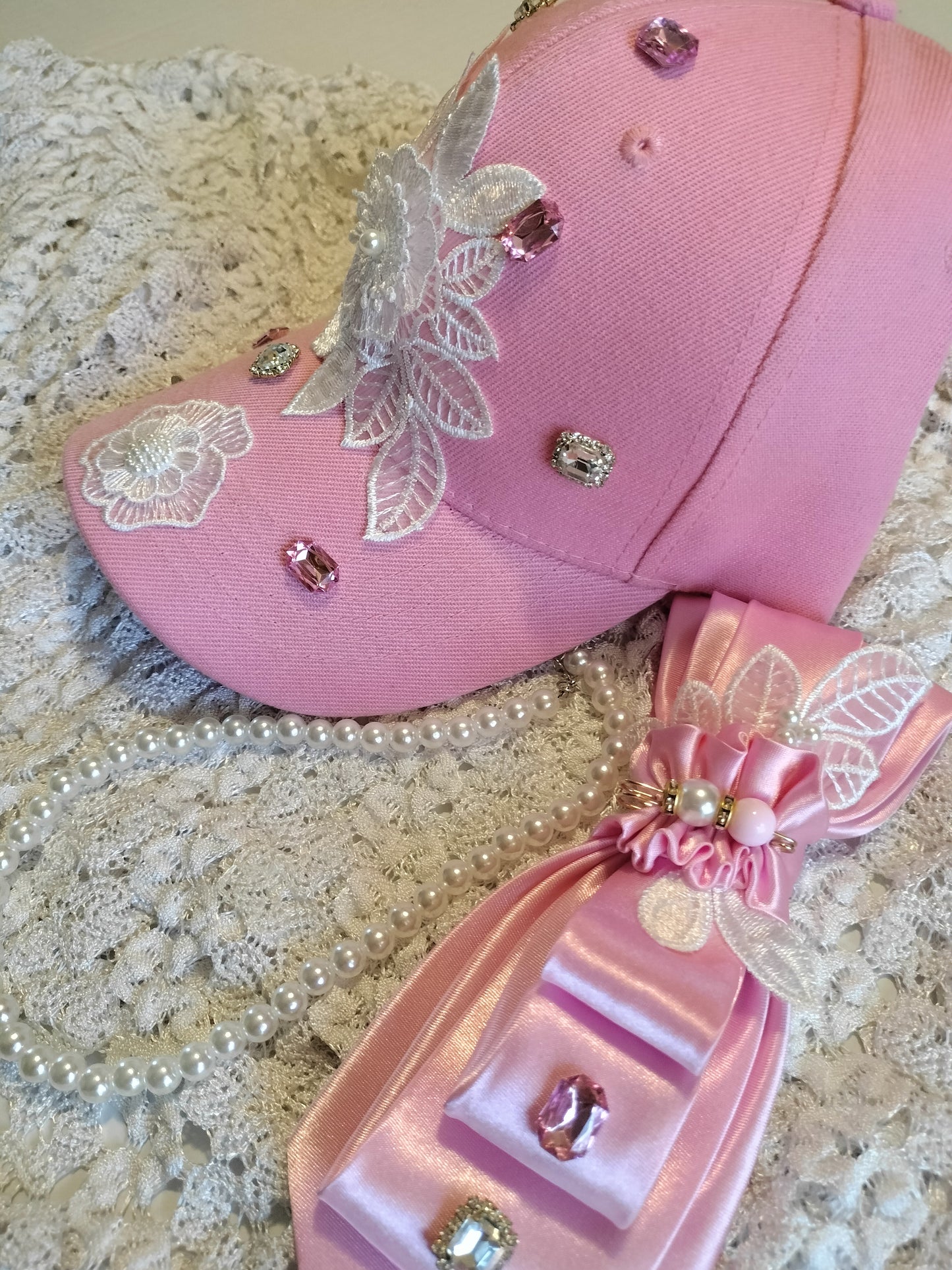 Pink Rhinestone Cap and Tie Set with Pearl Necklace - Breast Cancer Awareness Hat, Bling Women's Statement Fashion Set