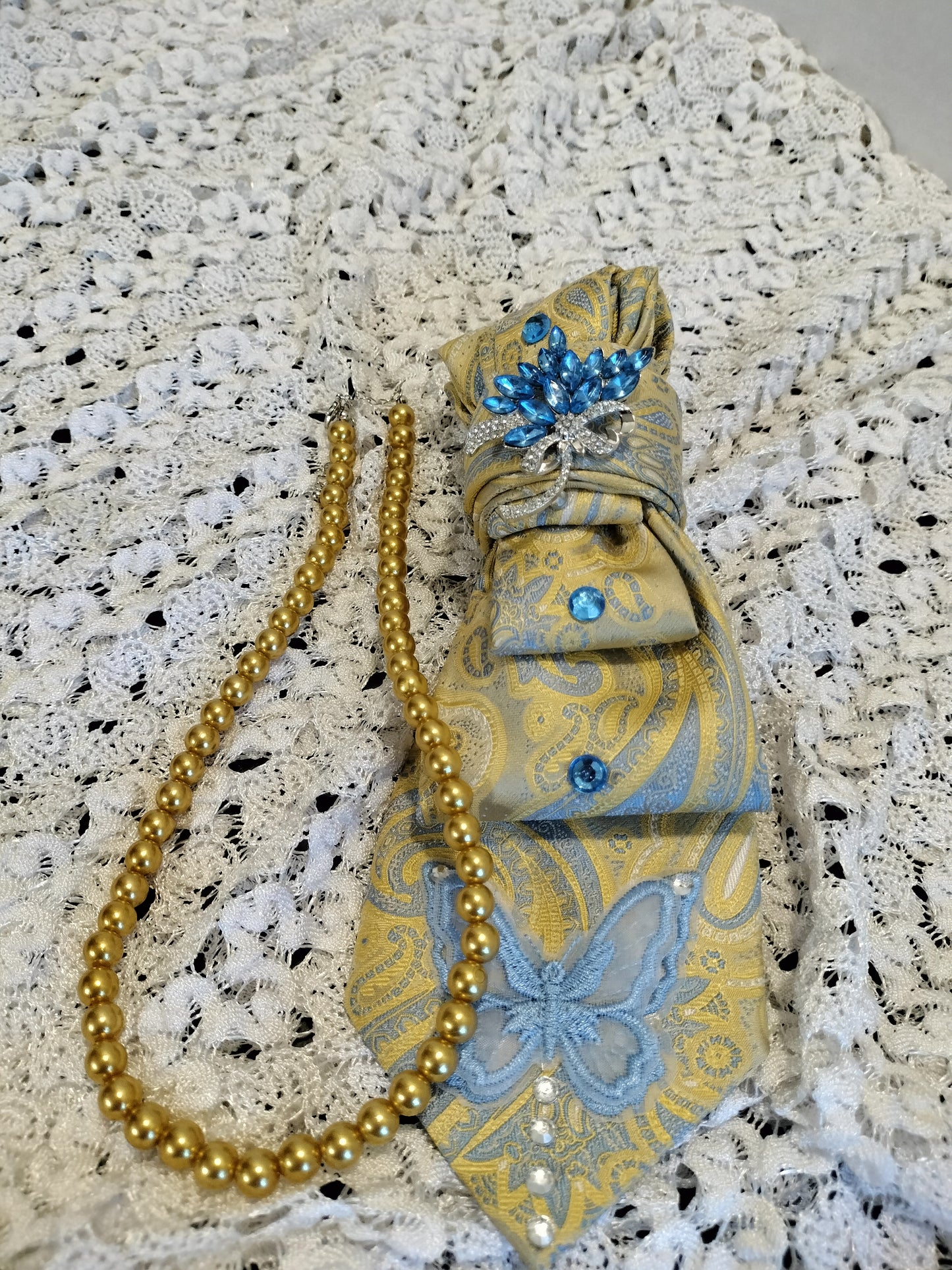 Elegant Gold & Sky Blue Floral Tie, Cap & Pearl Set