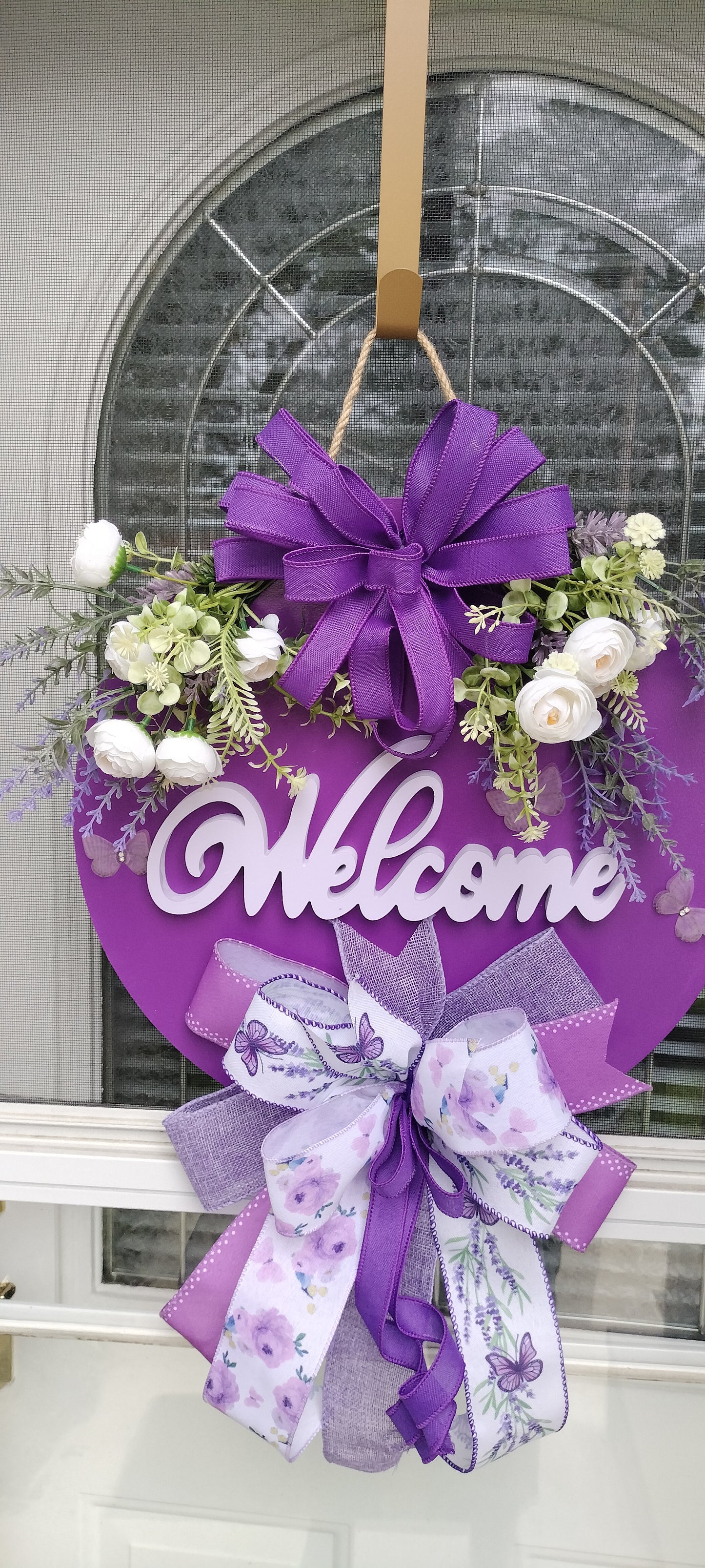 Purple Floral Welcome Door Hanger