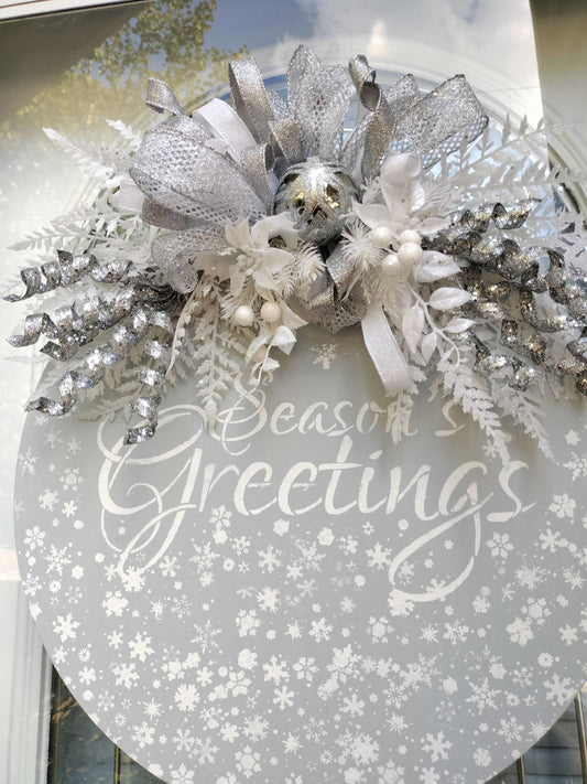 Sliver and White "Season's Greetings" Door Hanger
