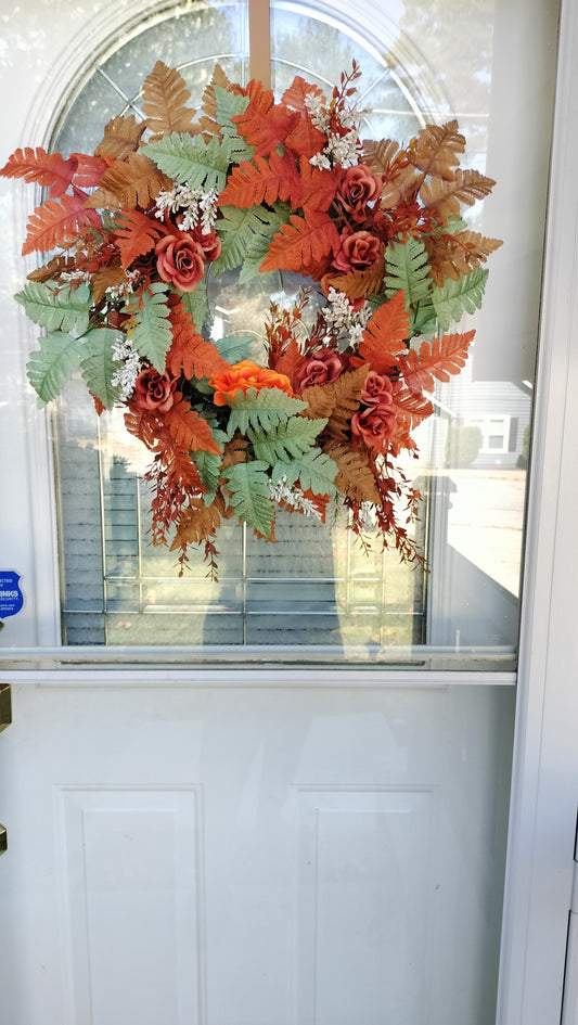 Rustic Autumn Rose & Fern grapevine Wreath (Custom Order Pete)