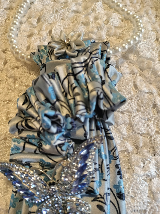 Elegant Blue Floral Tie with Rhinestone Butterfly Brooch