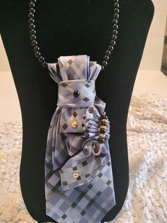 Elegant Plaid Tie with Black Beaded Necklace - Gray & Black Luxury Style