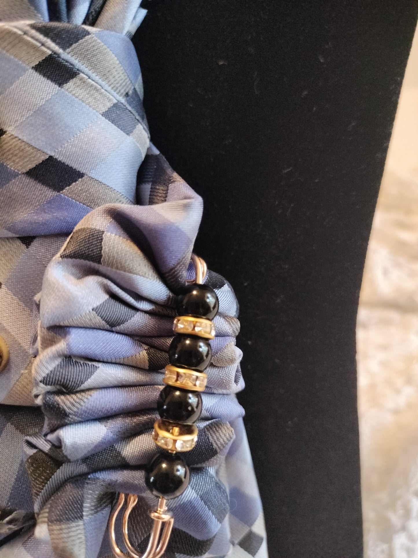 Elegant Plaid Tie with Black Beaded Necklace - Gray & Black Luxury Style