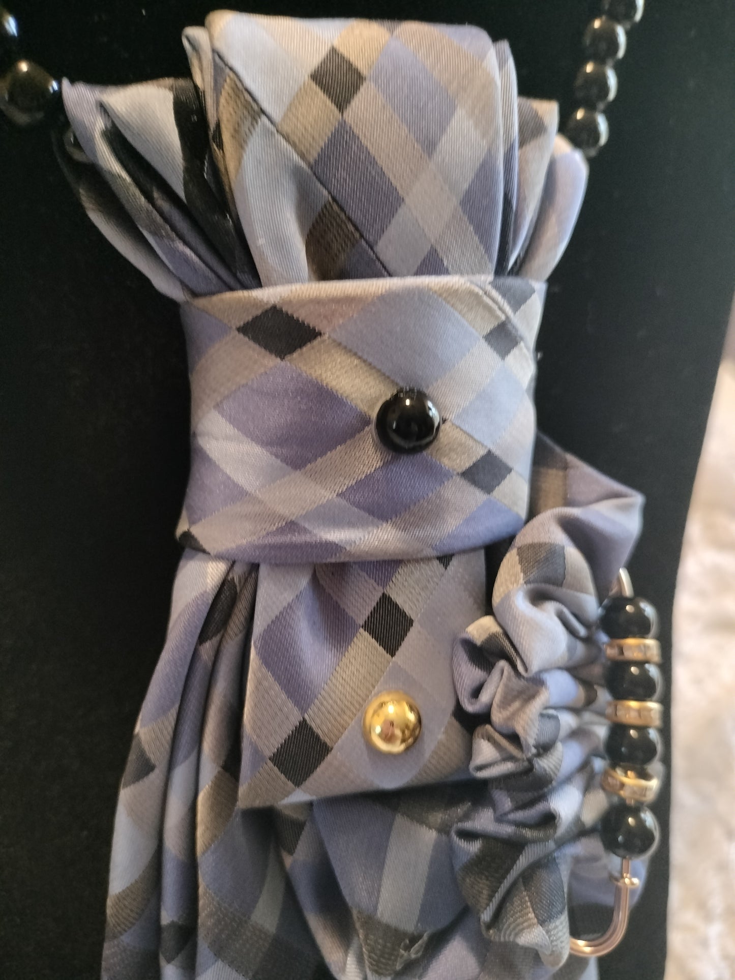 Elegant Plaid Tie with Black Beaded Necklace - Gray & Black Luxury Style