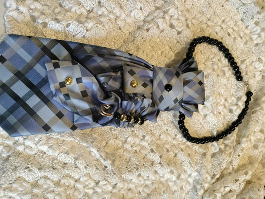 Elegant Plaid Tie with Black Beaded Necklace - Gray & Black Luxury Style