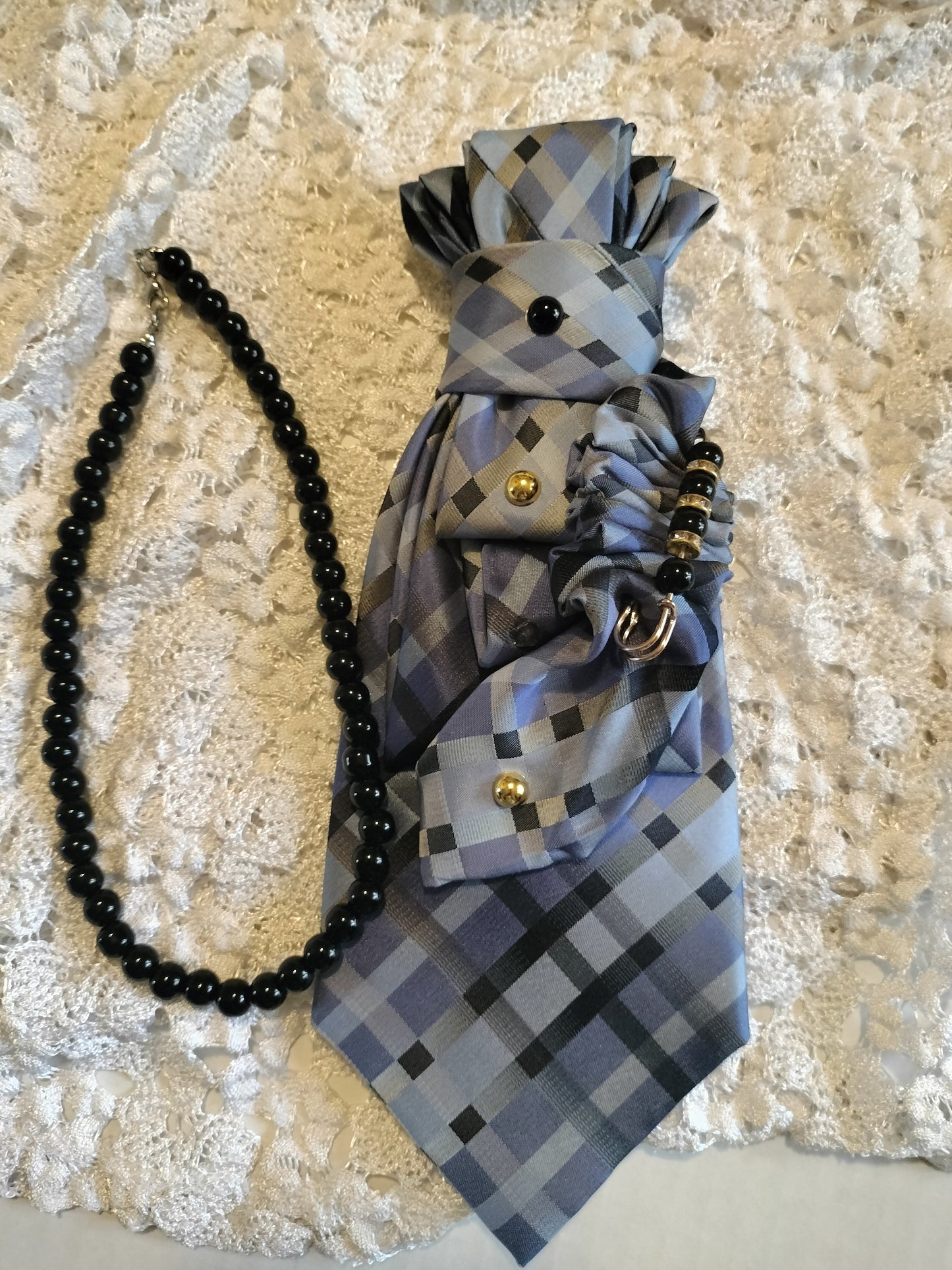 Elegant Plaid Tie with Black Beaded Necklace - Gray & Black Luxury Style