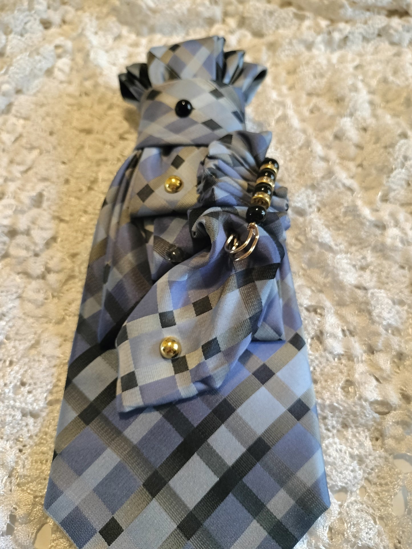 Elegant Plaid Tie with Black Beaded Necklace - Gray & Black Luxury Style