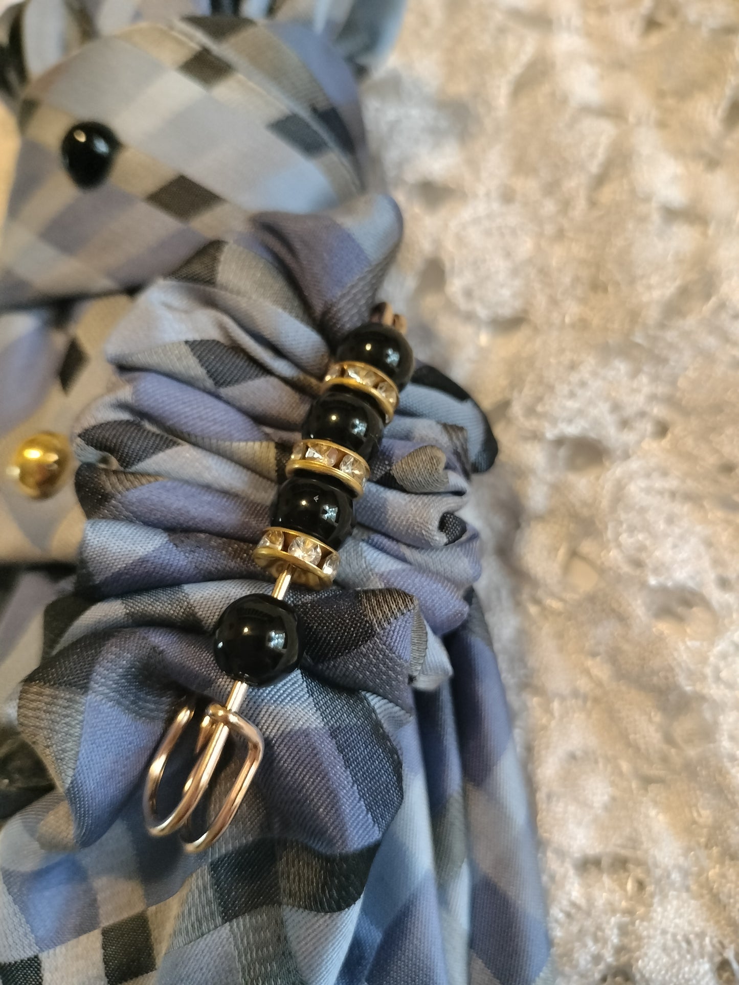 Elegant Plaid Tie with Black Beaded Necklace - Gray & Black Luxury Style