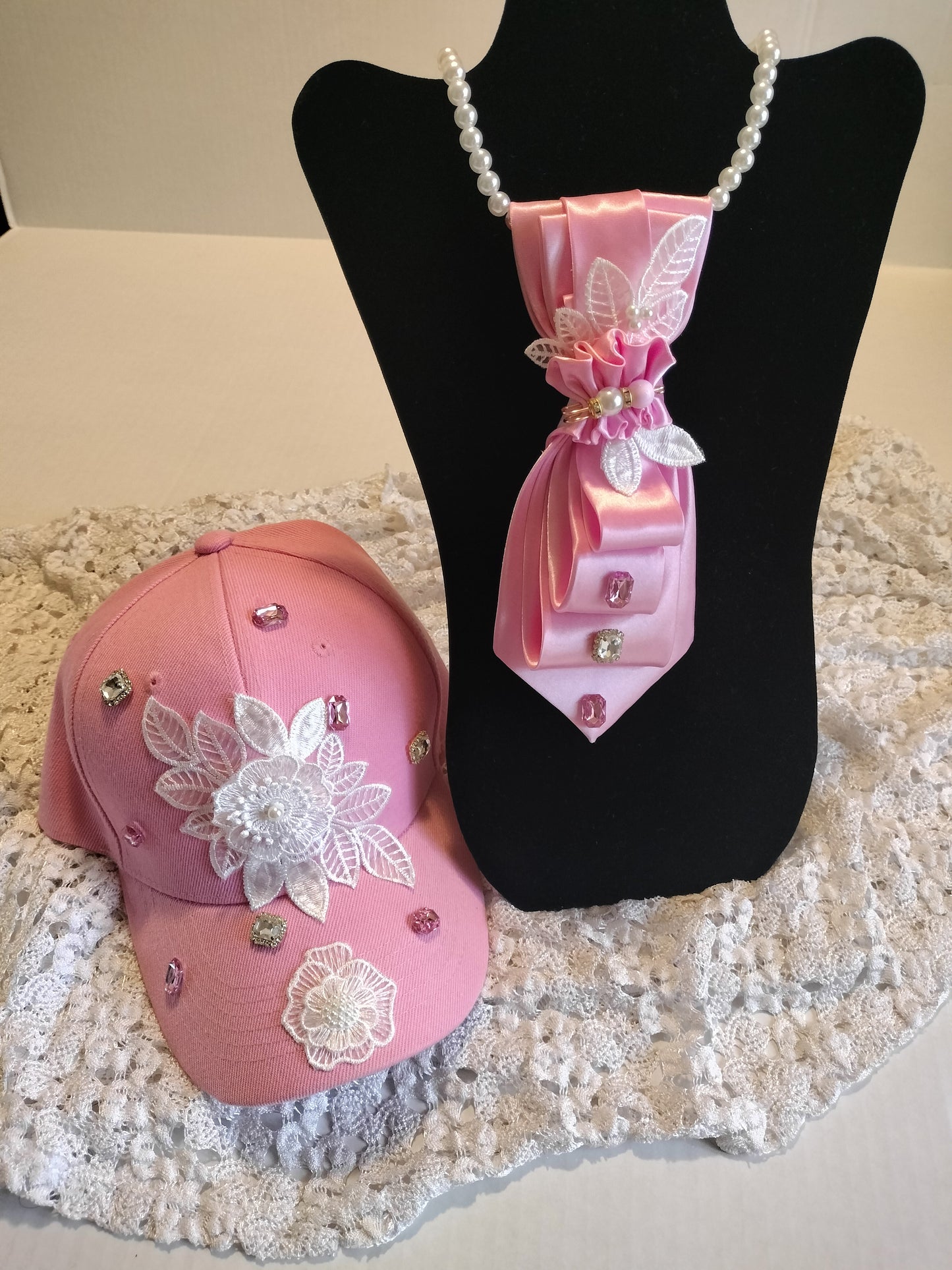 Pink Rhinestone Cap and Tie Set with Pearl Necklace - Breast Cancer Awareness Hat, Bling Women's Statement Fashion Set