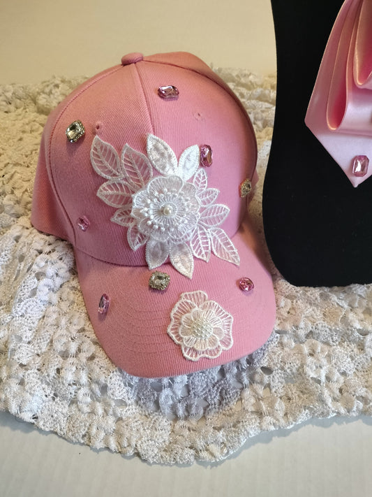 Pink Rhinestone Cap and Tie Set with Pearl Necklace - Breast Cancer Awareness Hat, Bling Women's Statement Fashion Set