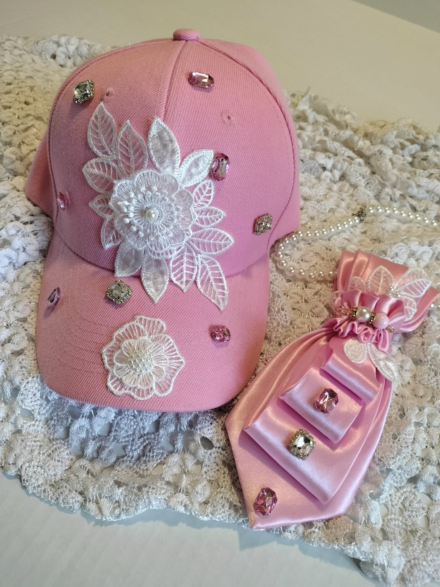 Pink Rhinestone Cap and Tie Set with Pearl Necklace - Breast Cancer Awareness Hat, Bling Women's Statement Fashion Set