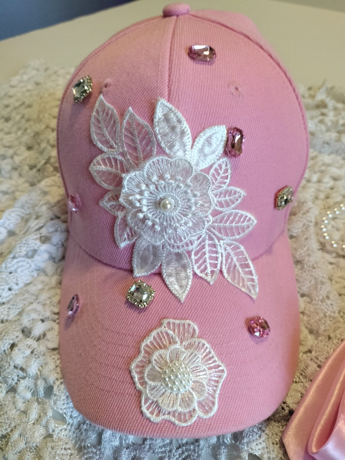 Pink Rhinestone Cap and Tie Set with Pearl Necklace - Breast Cancer Awareness Hat, Bling Women's Statement Fashion Set