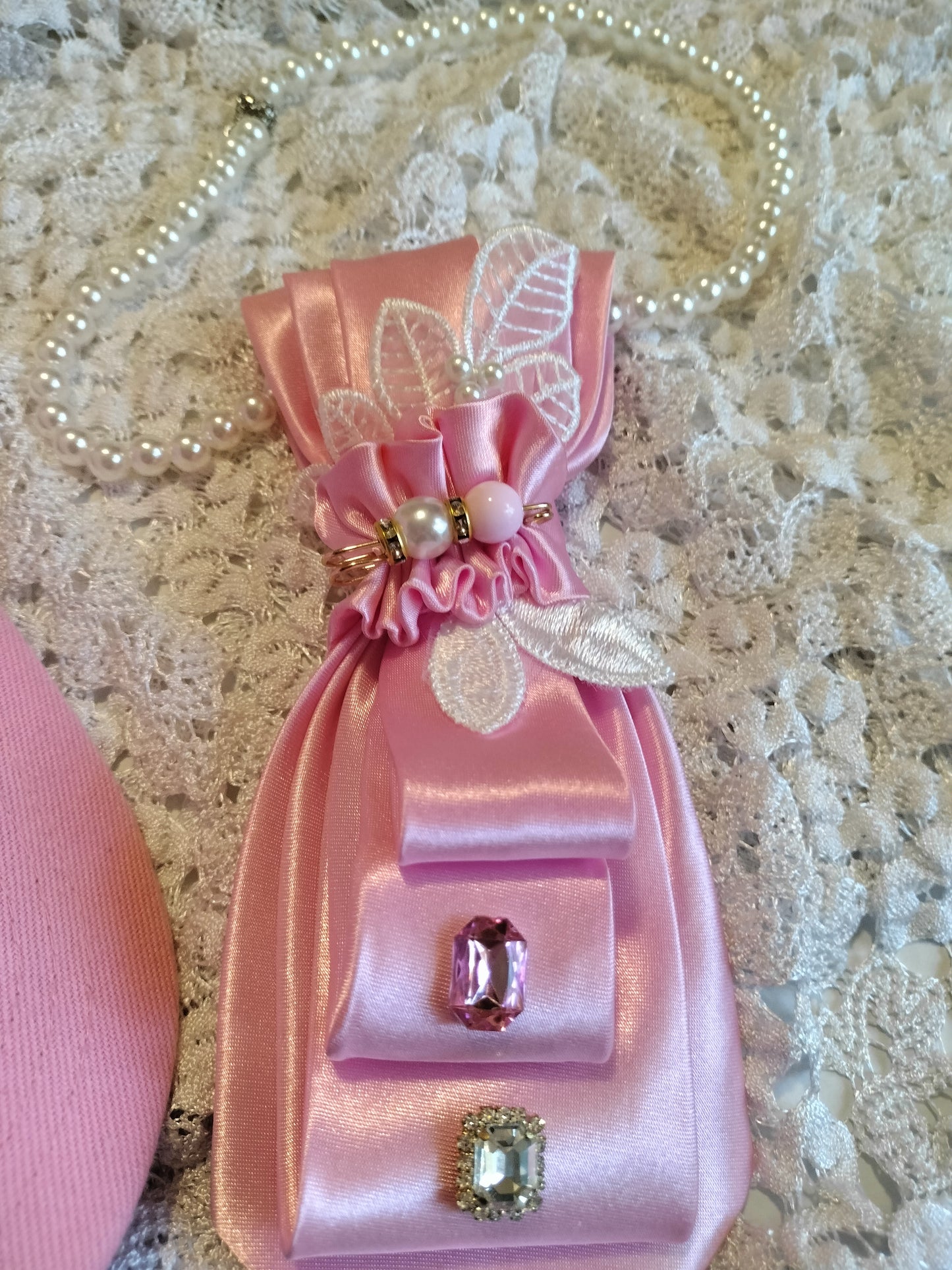 Pink Rhinestone Cap and Tie Set with Pearl Necklace - Breast Cancer Awareness Hat, Bling Women's Statement Fashion Set