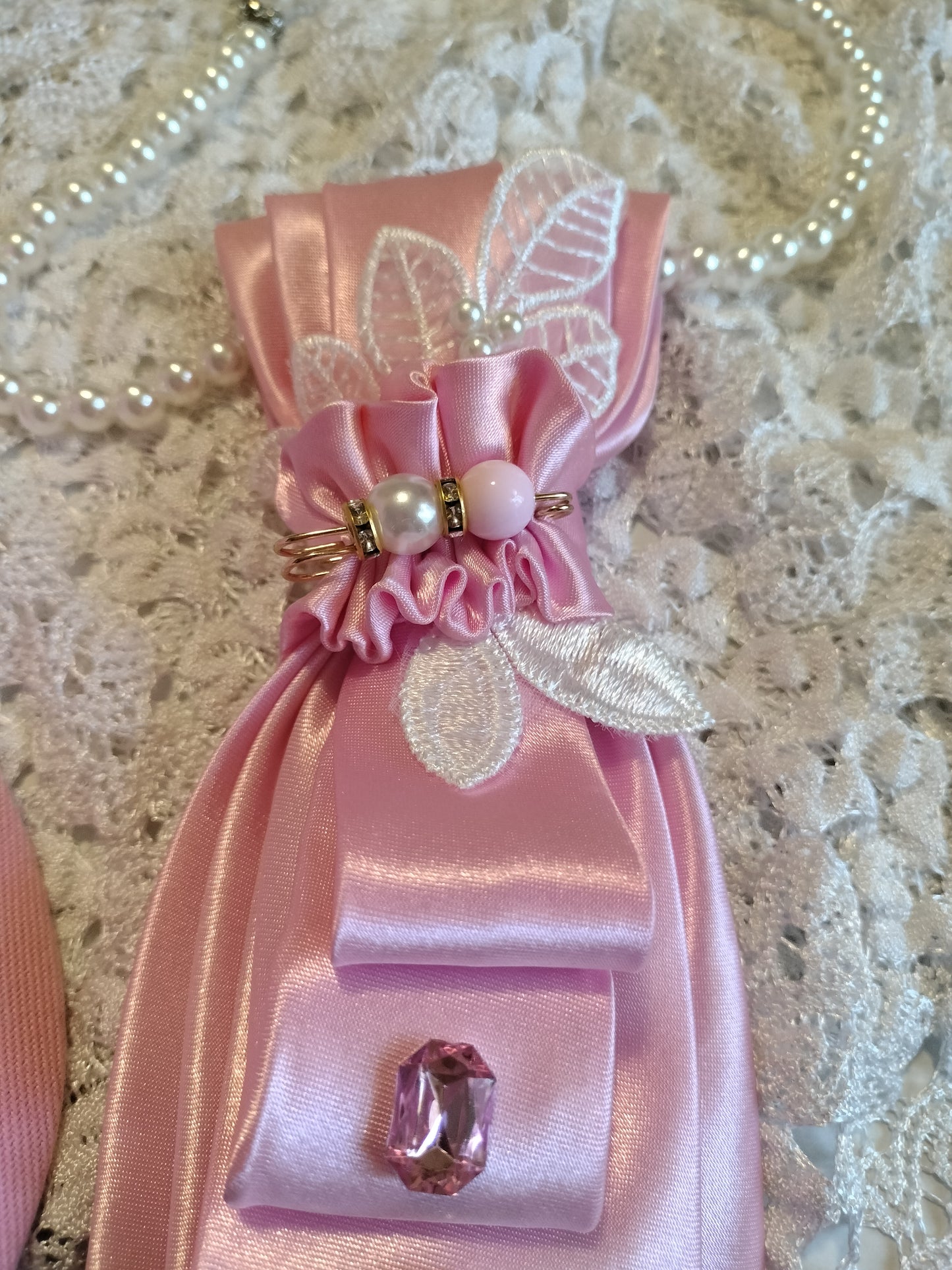 Pink Rhinestone Cap and Tie Set with Pearl Necklace - Breast Cancer Awareness Hat, Bling Women's Statement Fashion Set