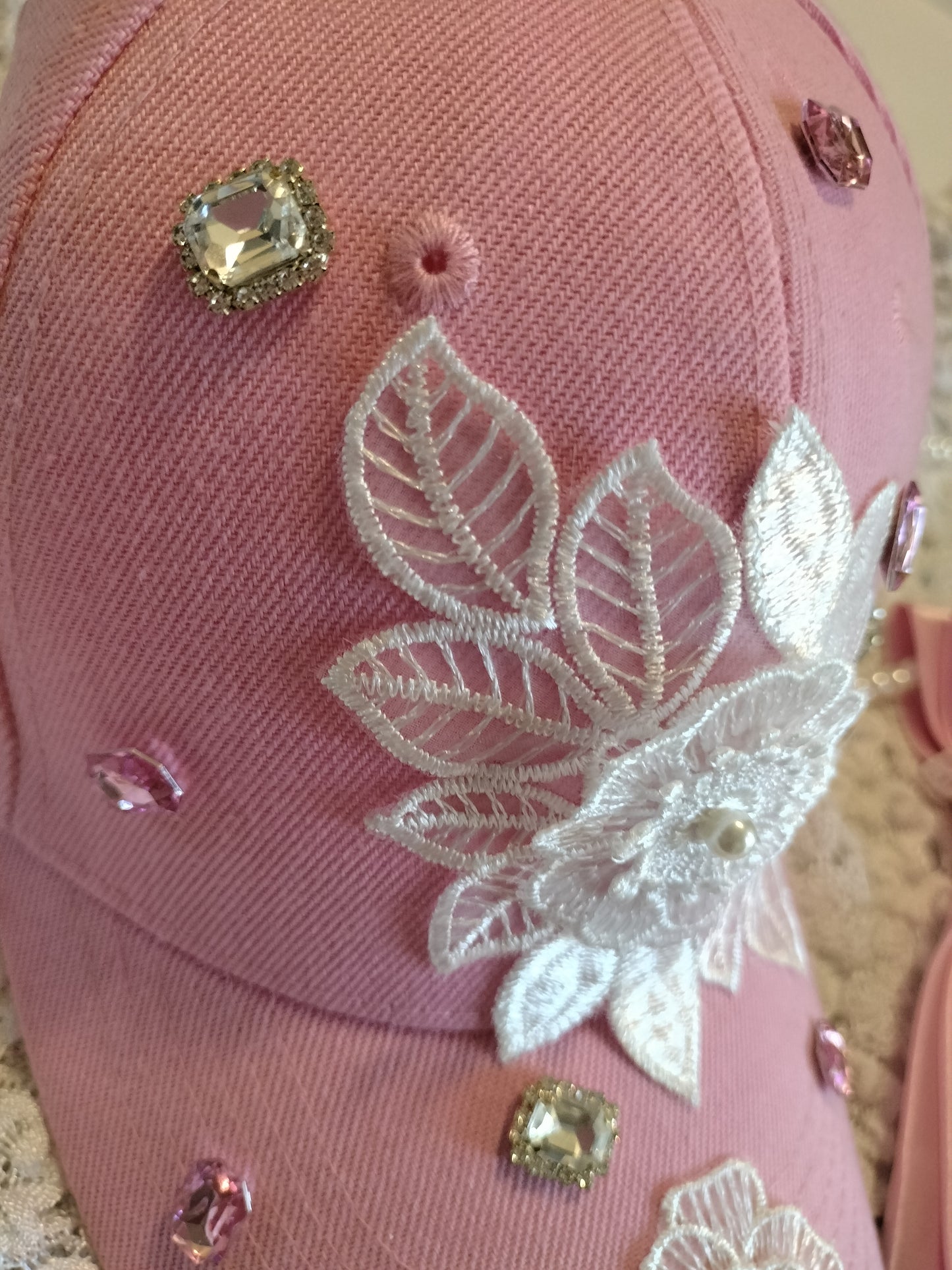 Pink Rhinestone Cap and Tie Set with Pearl Necklace - Breast Cancer Awareness Hat, Bling Women's Statement Fashion Set