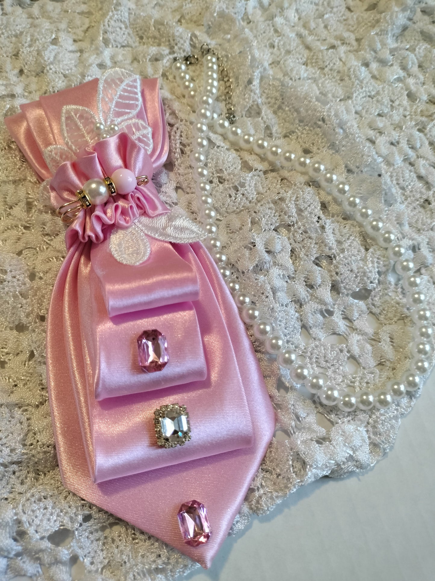 Pink Rhinestone Cap and Tie Set with Pearl Necklace - Breast Cancer Awareness Hat, Bling Women's Statement Fashion Set