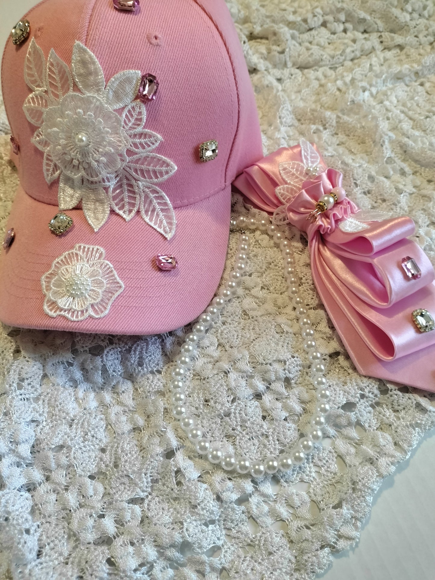 Pink Rhinestone Cap and Tie Set with Pearl Necklace - Breast Cancer Awareness Hat, Bling Women's Statement Fashion Set