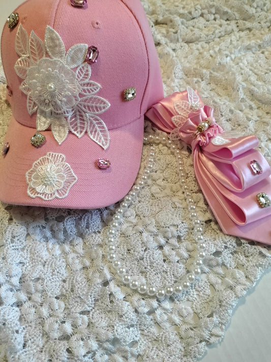 Pink Rhinestone Cap and Tie Set with Pearl Necklace - Breast Cancer Awareness Hat, Bling Women's Statement Fashion Set