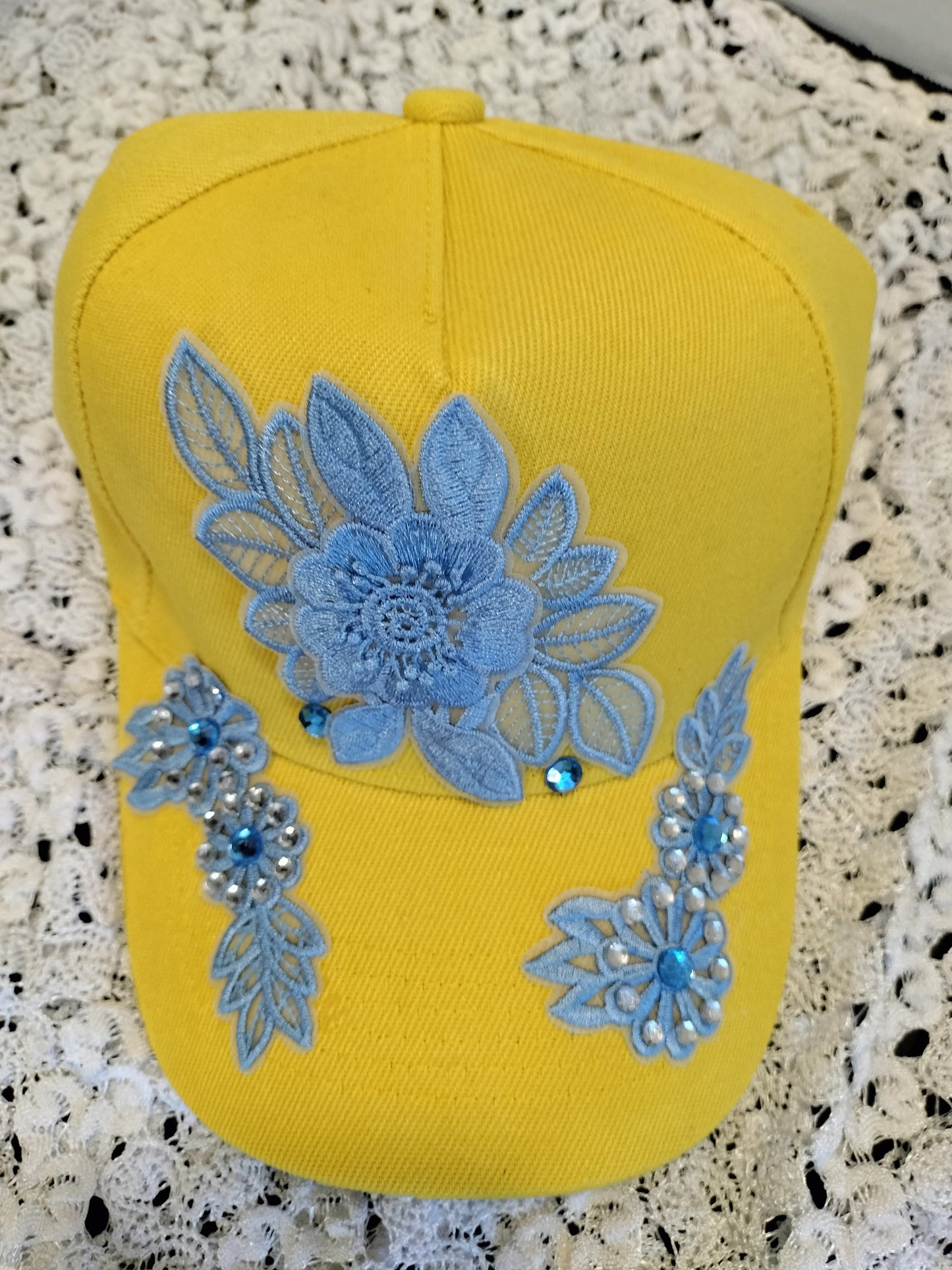 Elegant Gold & Sky Blue Floral Tie, Cap & Pearl Set