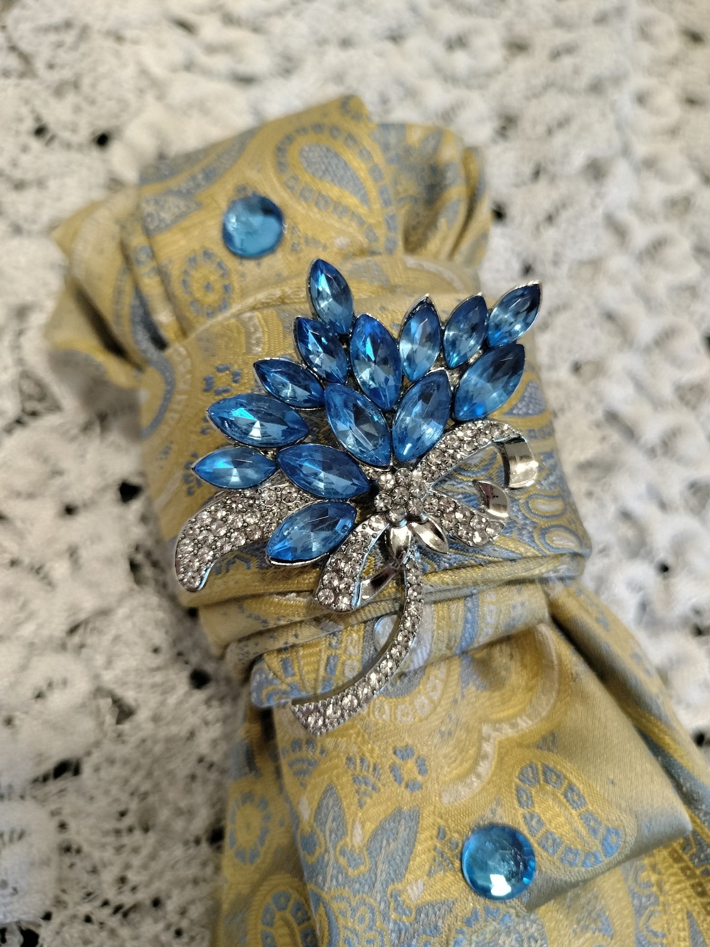 Elegant Gold & Sky Blue Floral Tie, Cap & Pearl Set