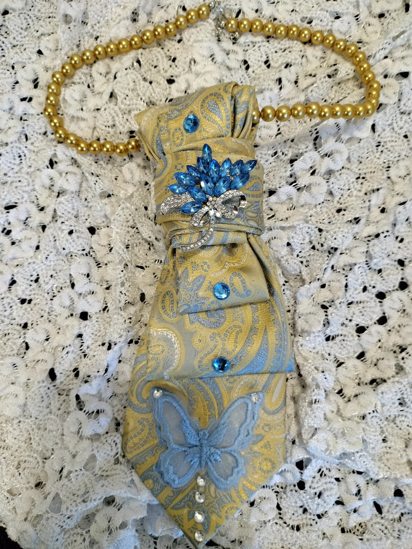 Elegant Gold & Sky Blue Floral Tie, Cap & Pearl Set