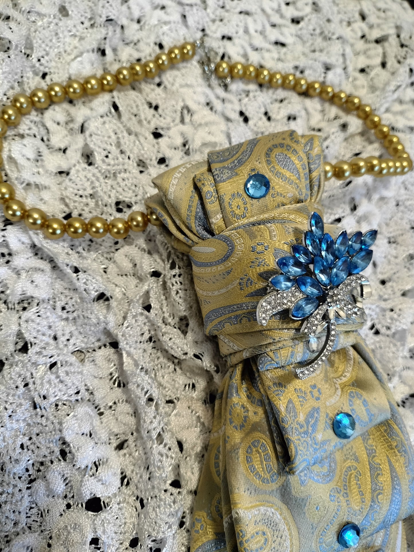 Elegant Gold & Sky Blue Floral Tie, Cap & Pearl Set