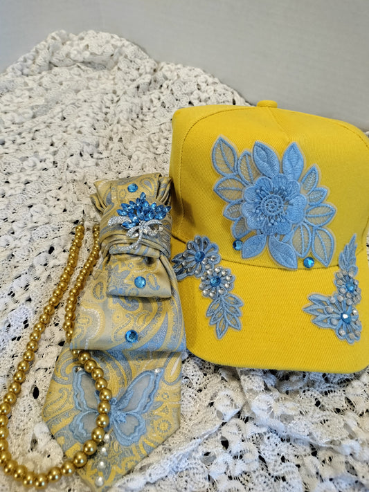 Elegant Gold & Sky Blue Floral Tie, Cap & Pearl Set