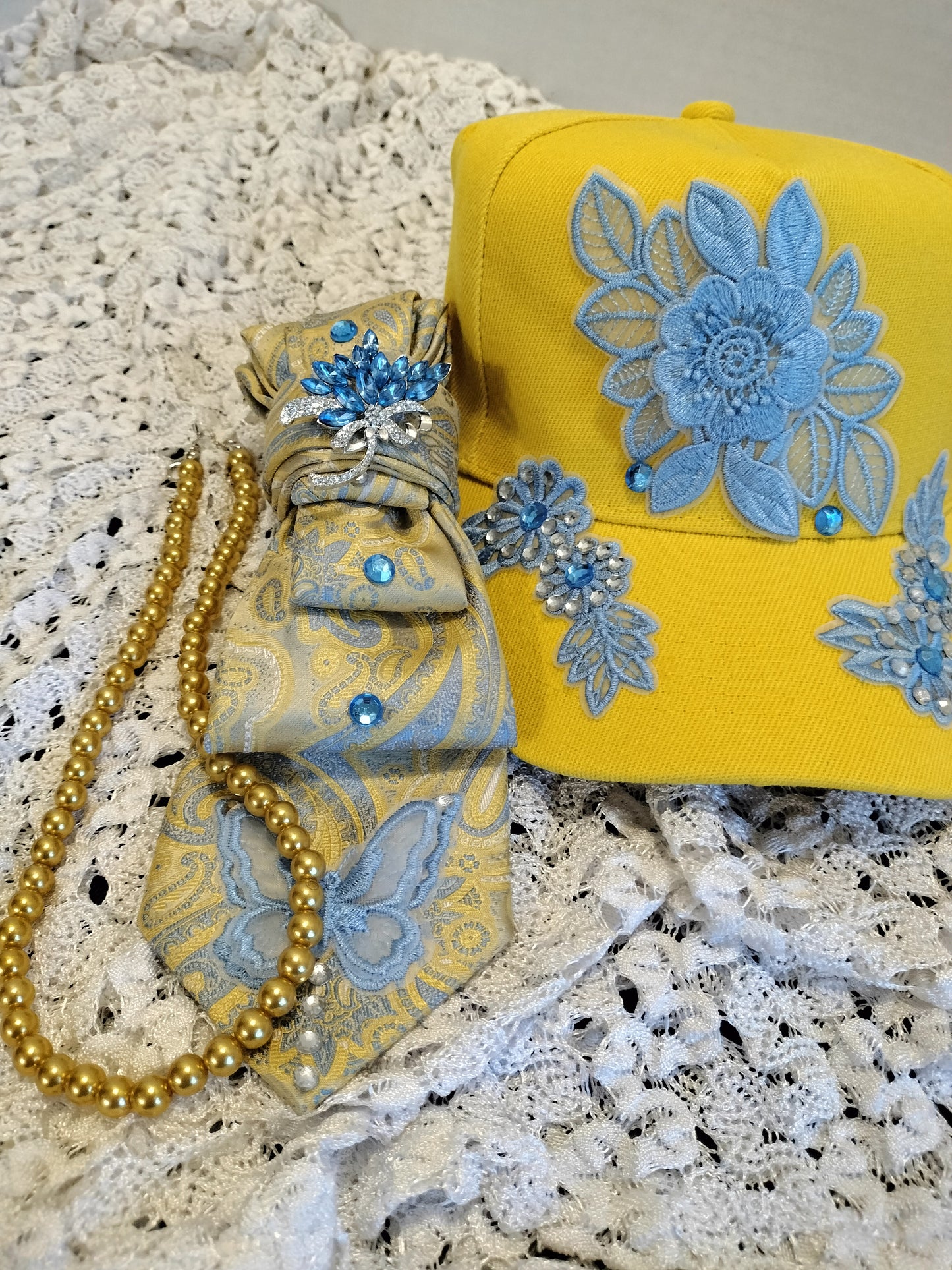 Elegant Gold & Sky Blue Floral Tie, Cap & Pearl Set