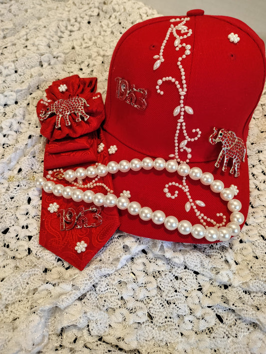 Elegant Red Pearl Cap and Tie Set