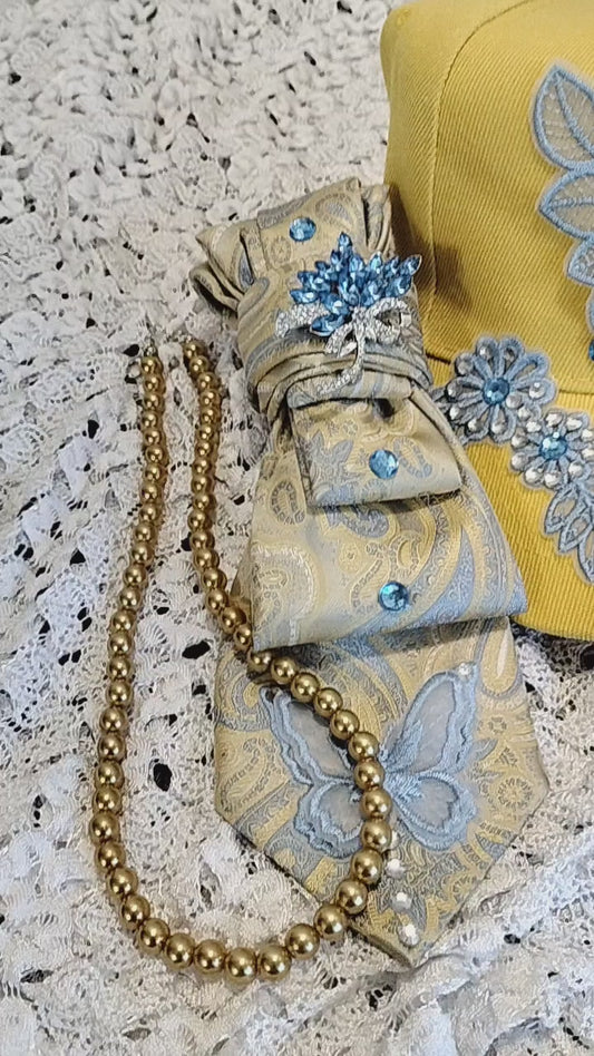 Elegant Gold & Sky Blue Floral Tie, Cap & Pearl Set